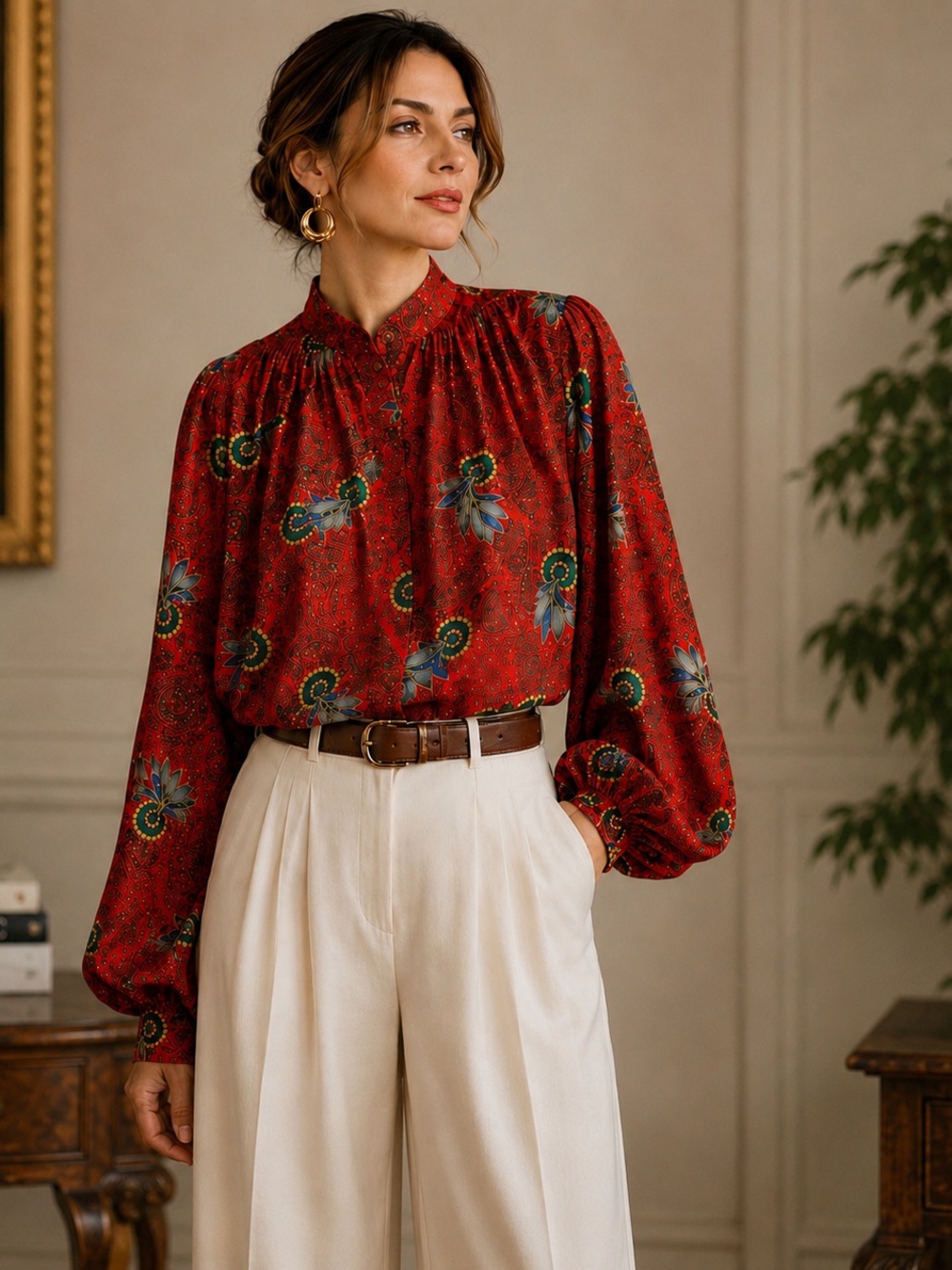 Vintage Paris Statement Blouse | Bishop Sleeves | Red Print | Serge Nancel